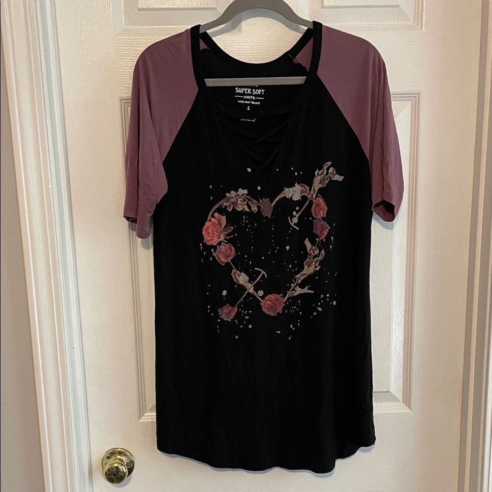 Torrid Raglan Purple and Black Graphic Short Sleeve Tunic Tee - Picture 2 of 5